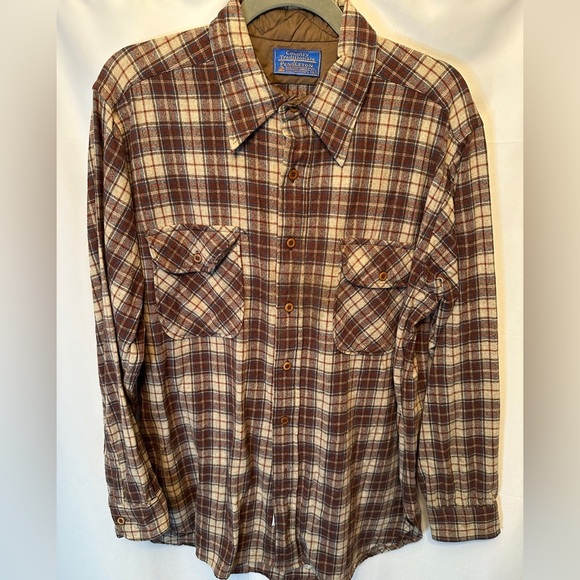Vintage Pendleton Size Large Plaid Brown 100% Virgin Wool USA Made Mens Shirt - Picture 1 of 10